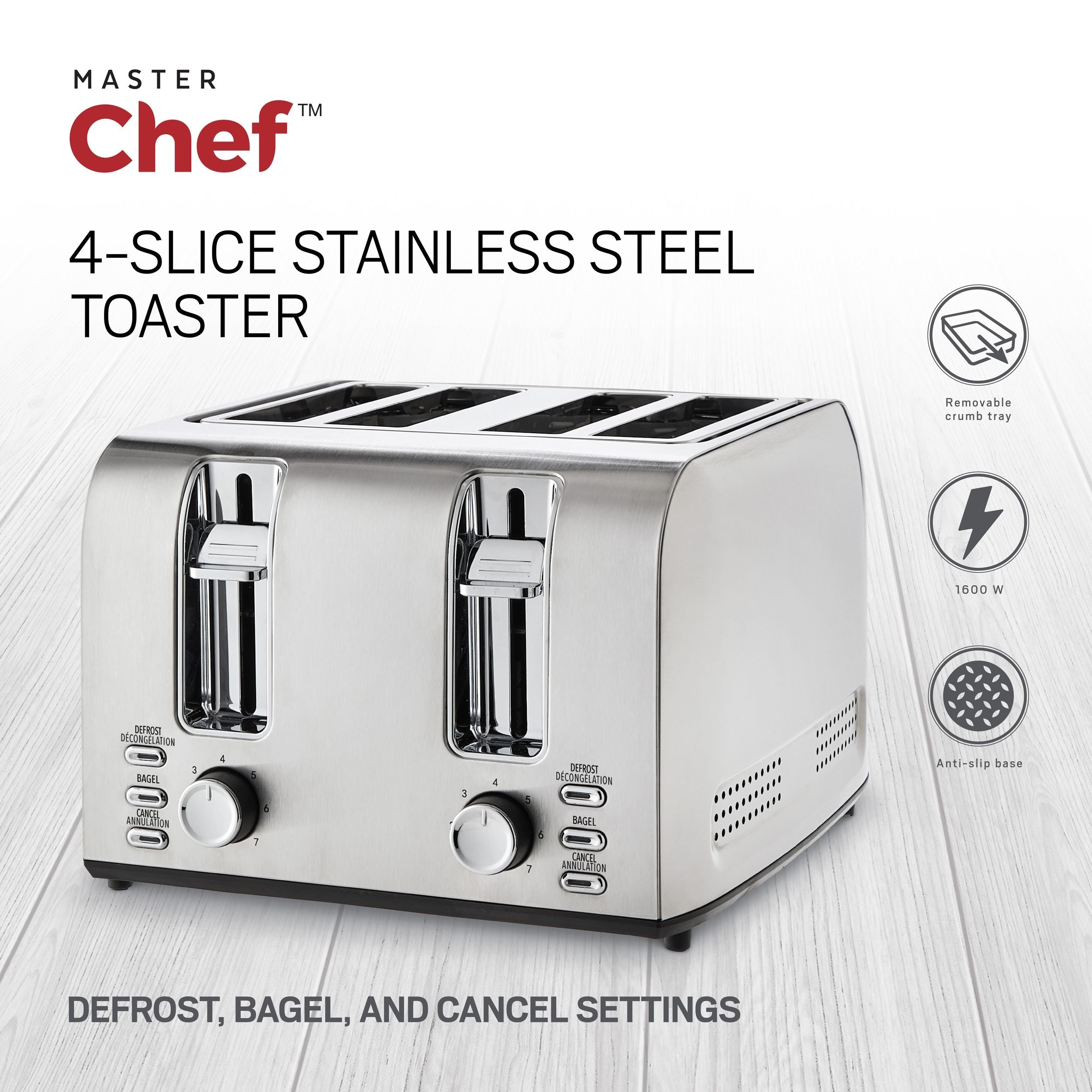 MASTER Chef Edelstahl-Toaster mit 3 Einstellungen, 4-Scheiben