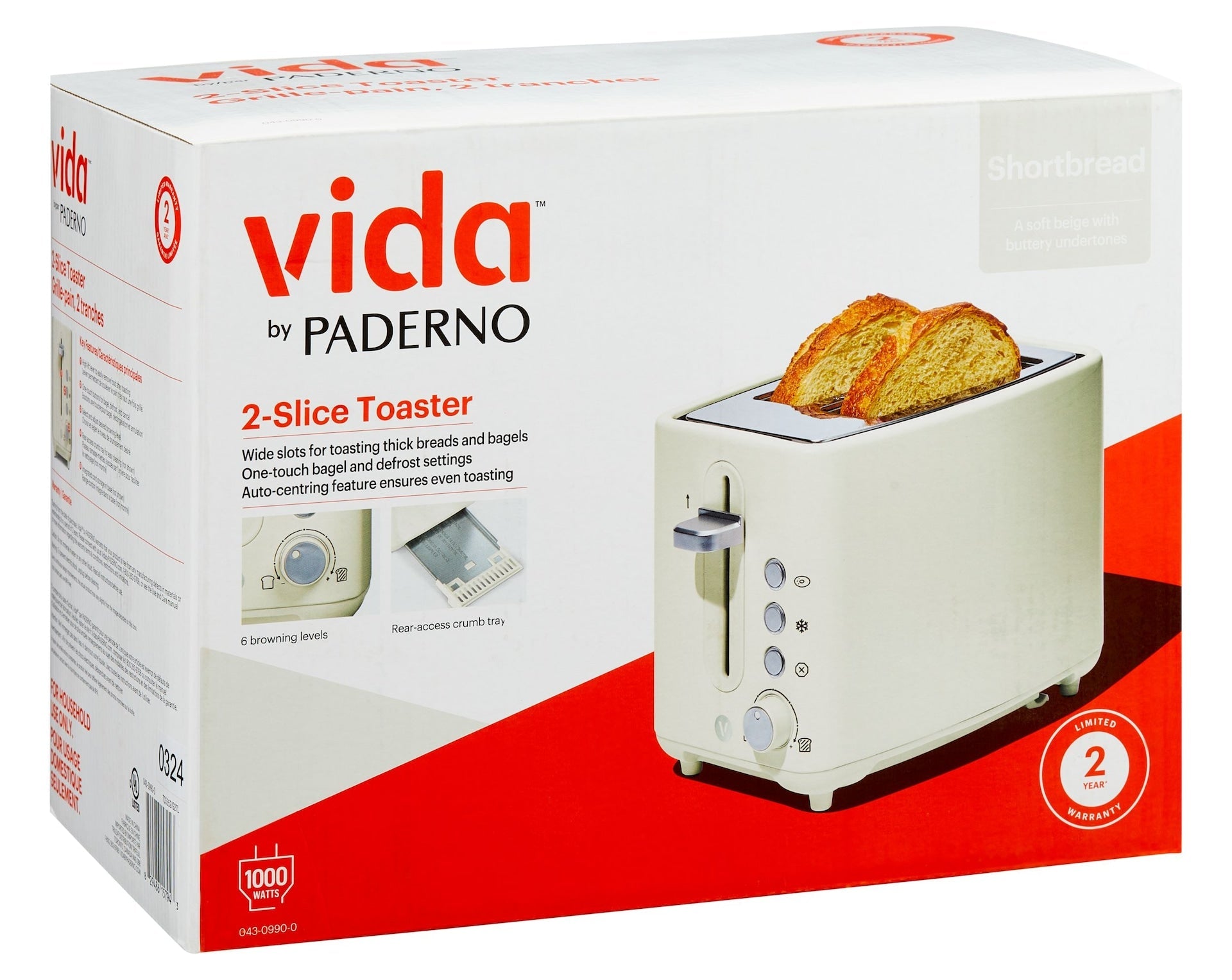 Vida by PADERNO Farbserie 2-Scheiben-Toaster mit 3 Einstellungen, Shortbread