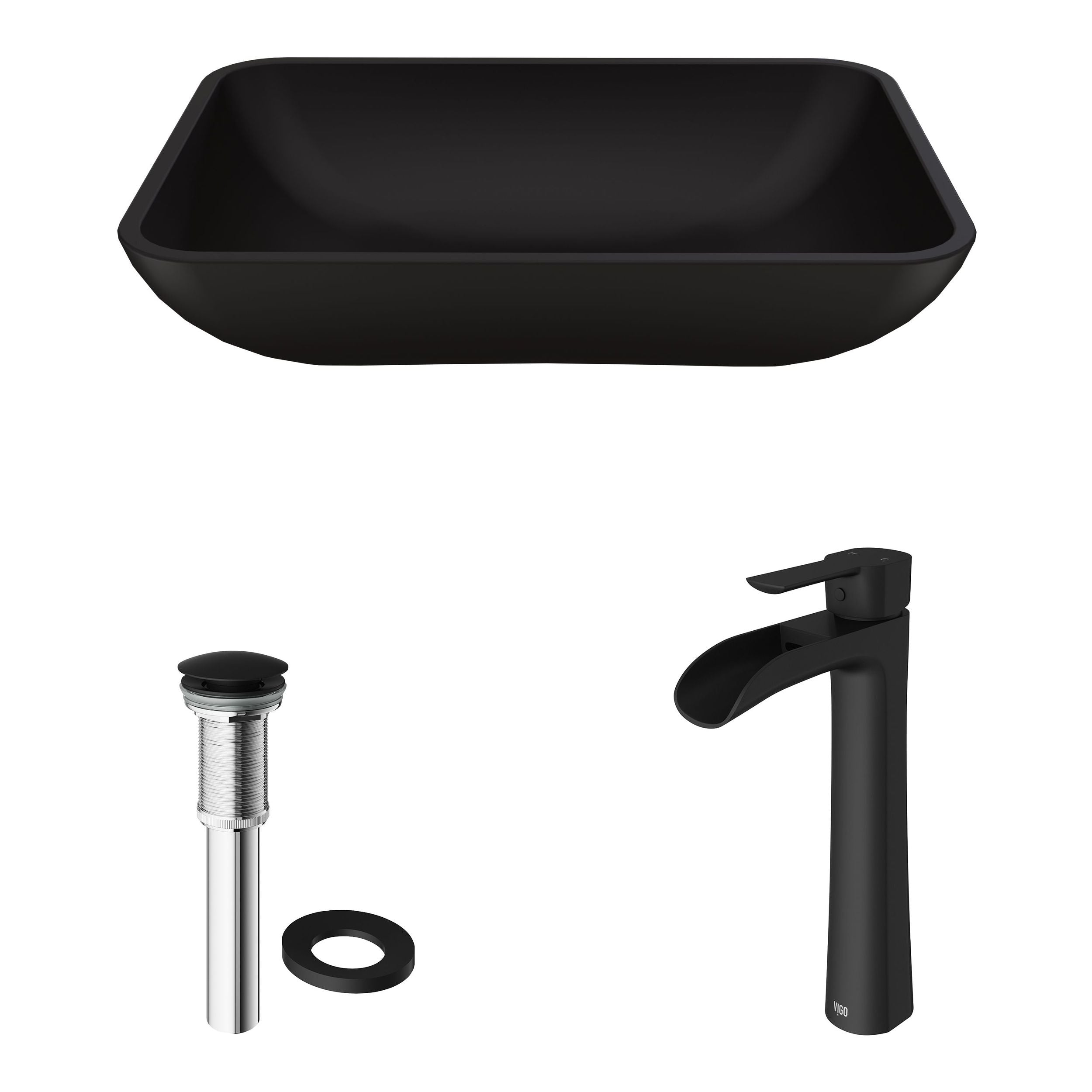 VIGO Sottil matteshell matte black Bad Spüle / Becken mit Niko Wasserhahn und Glas rechteckiges Gefäß