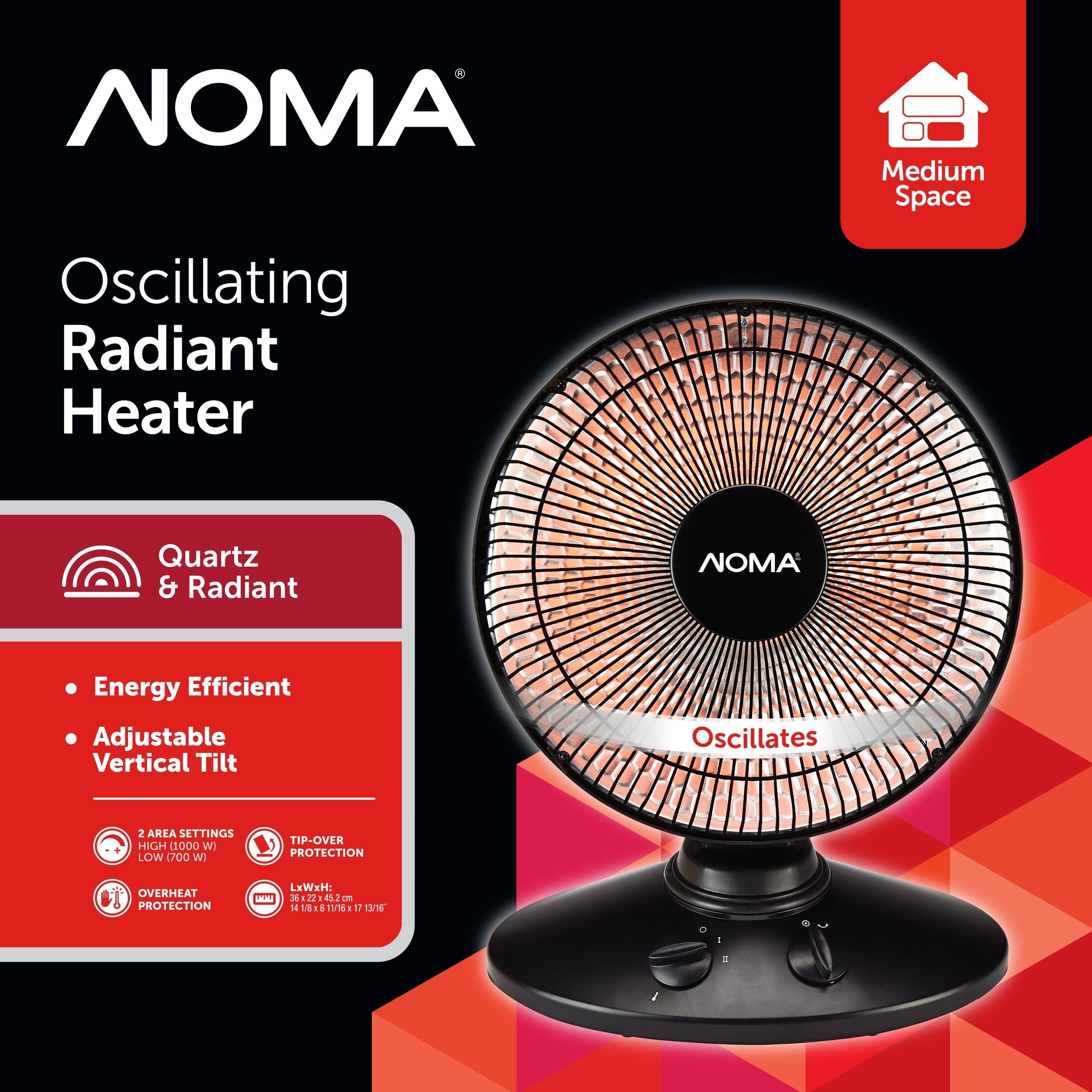 NOMA Tragbare oszillierende Parabolschüssel, tragbare elektrische Heizstrahler, 1000 W, schwarz