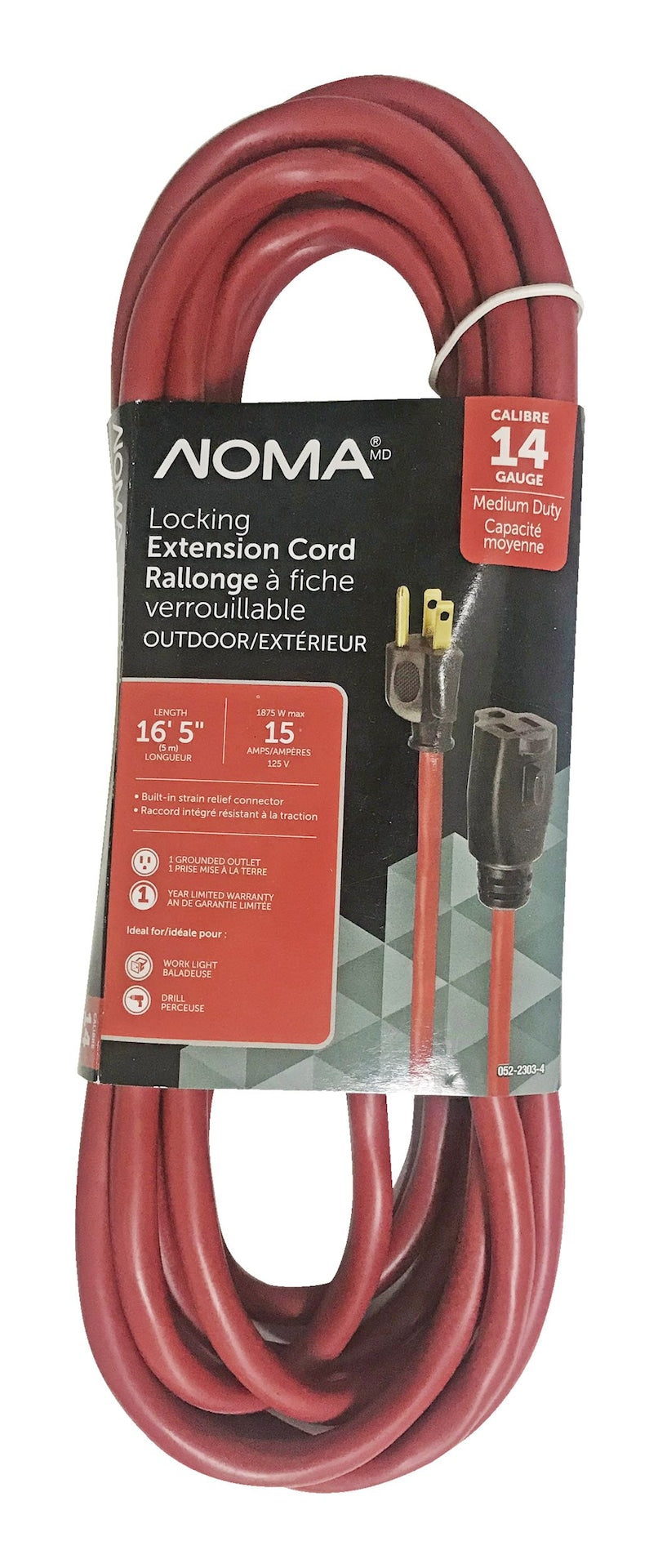 NOMA 16-ft 5-in 14/3 Außenverlängerungskabel mit geerdeter Steckdose und Verschlussstecker, rot