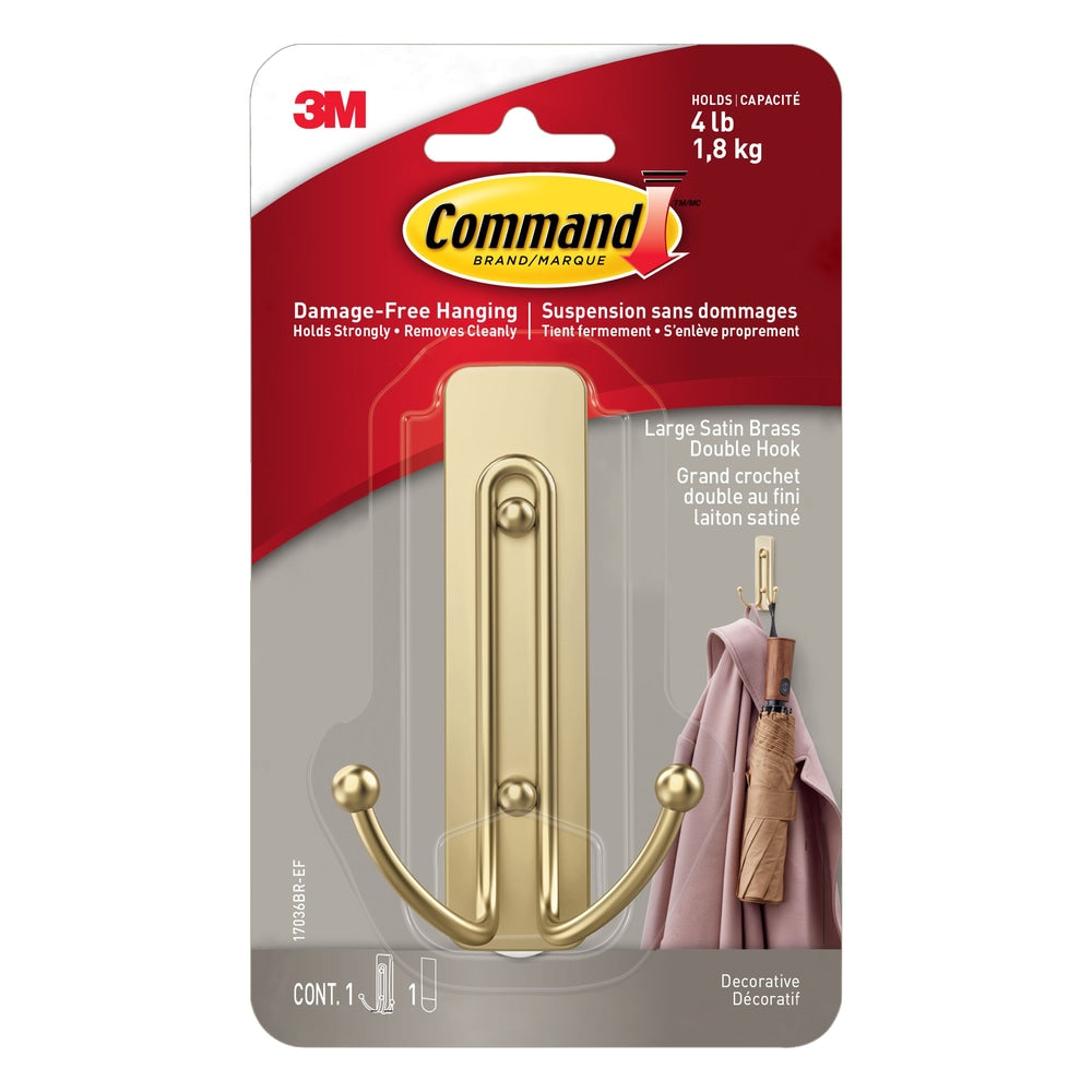 Command großer Satin Messinghaken, 17036BR-EF | 1 Haken, 1 Streifen pro Packung