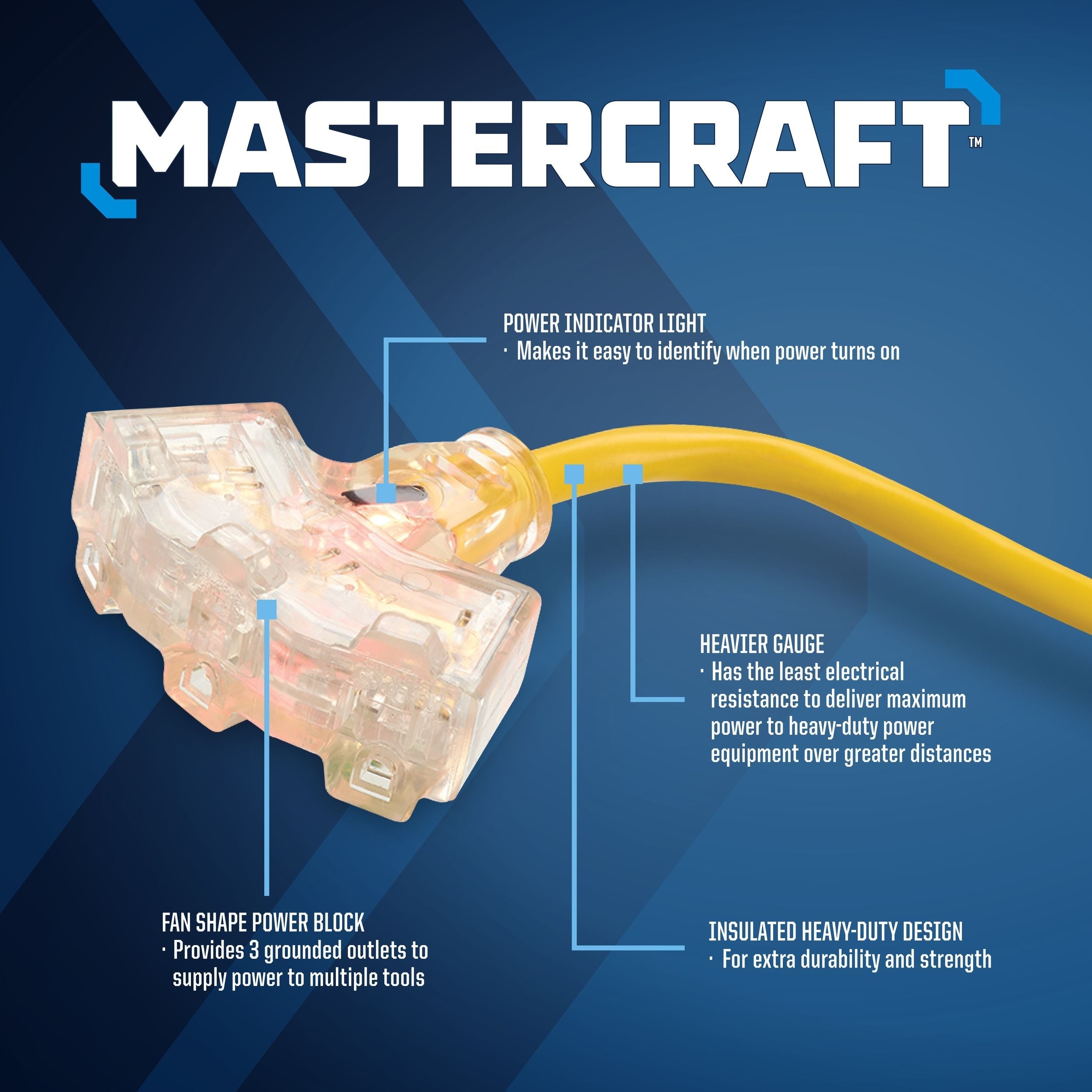 Mastercraft 15-ft 12/3 Außenverlängerungskabel mit 3 geerdeten Steckdosen und beleuchtetem Ende, gelb