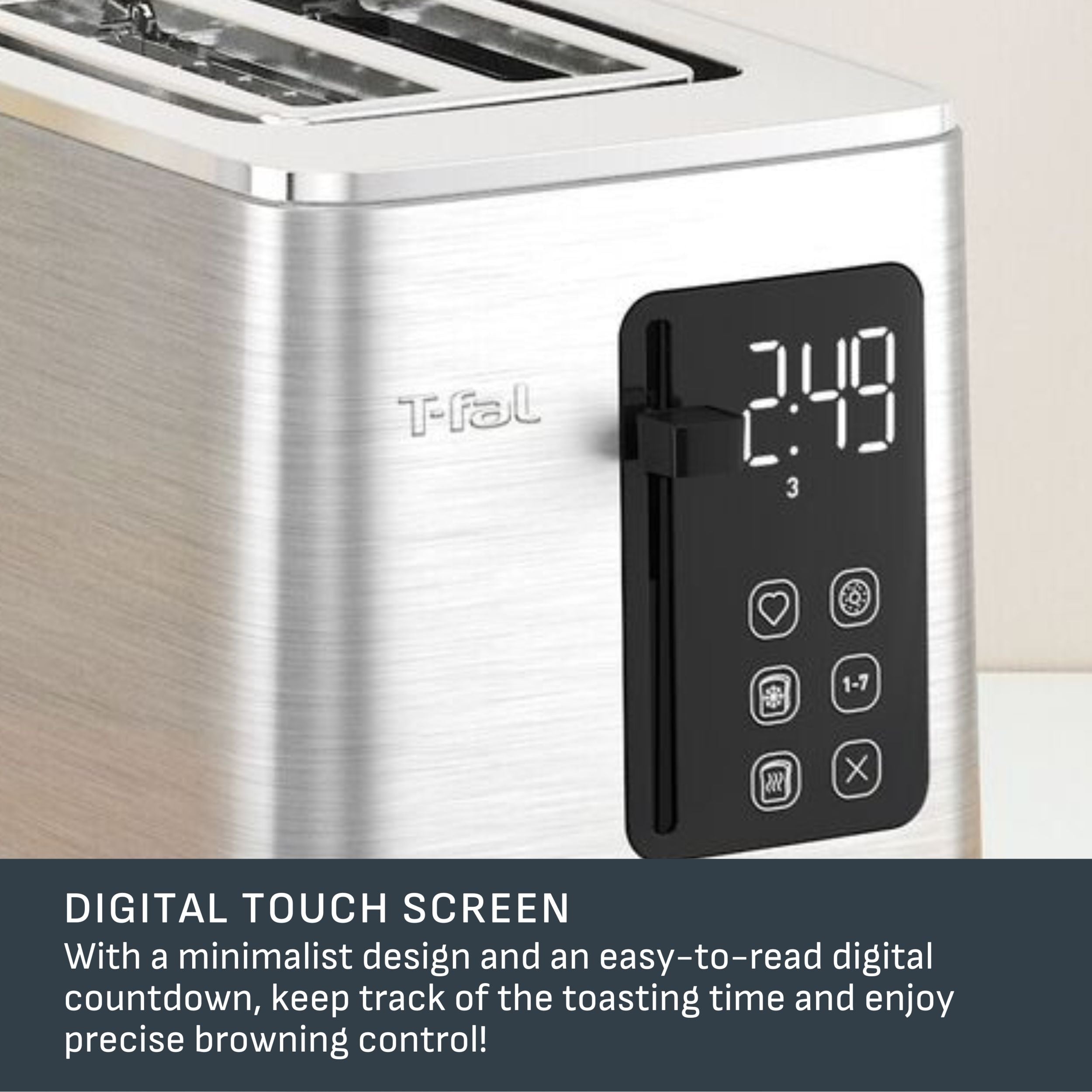 T-fal 2-Scheiben-Digital-Toaster aus Edelstahl, extra breite Schlitze, 7 Bräunungsstufen