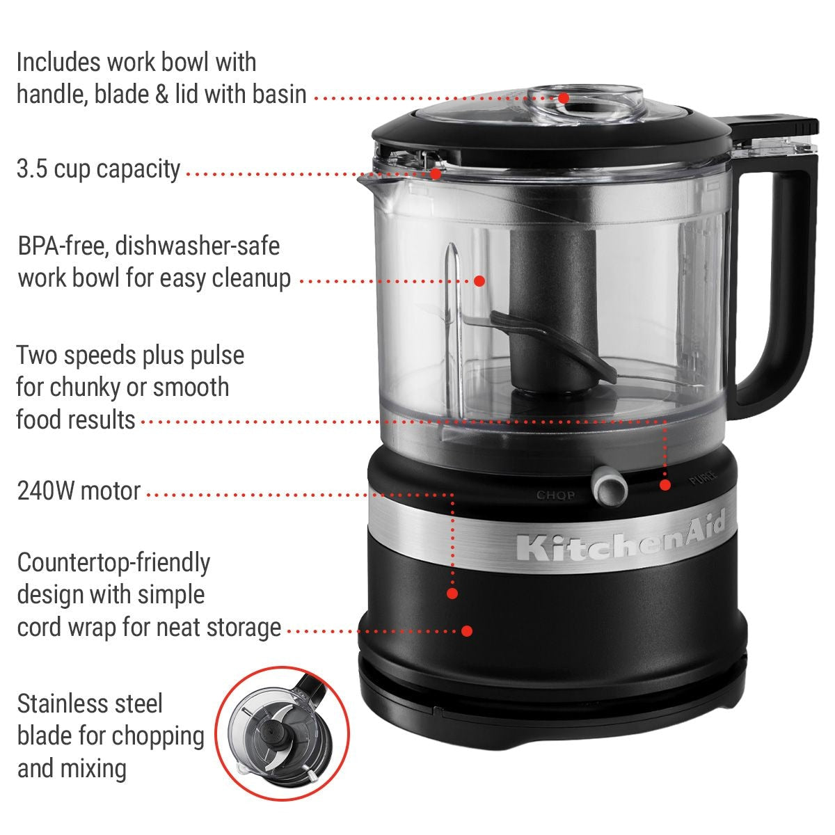 KitchenAid kompakter Lebensmittelhäcksler mit sicheren Teilen für Geschirrspüler, schwarz