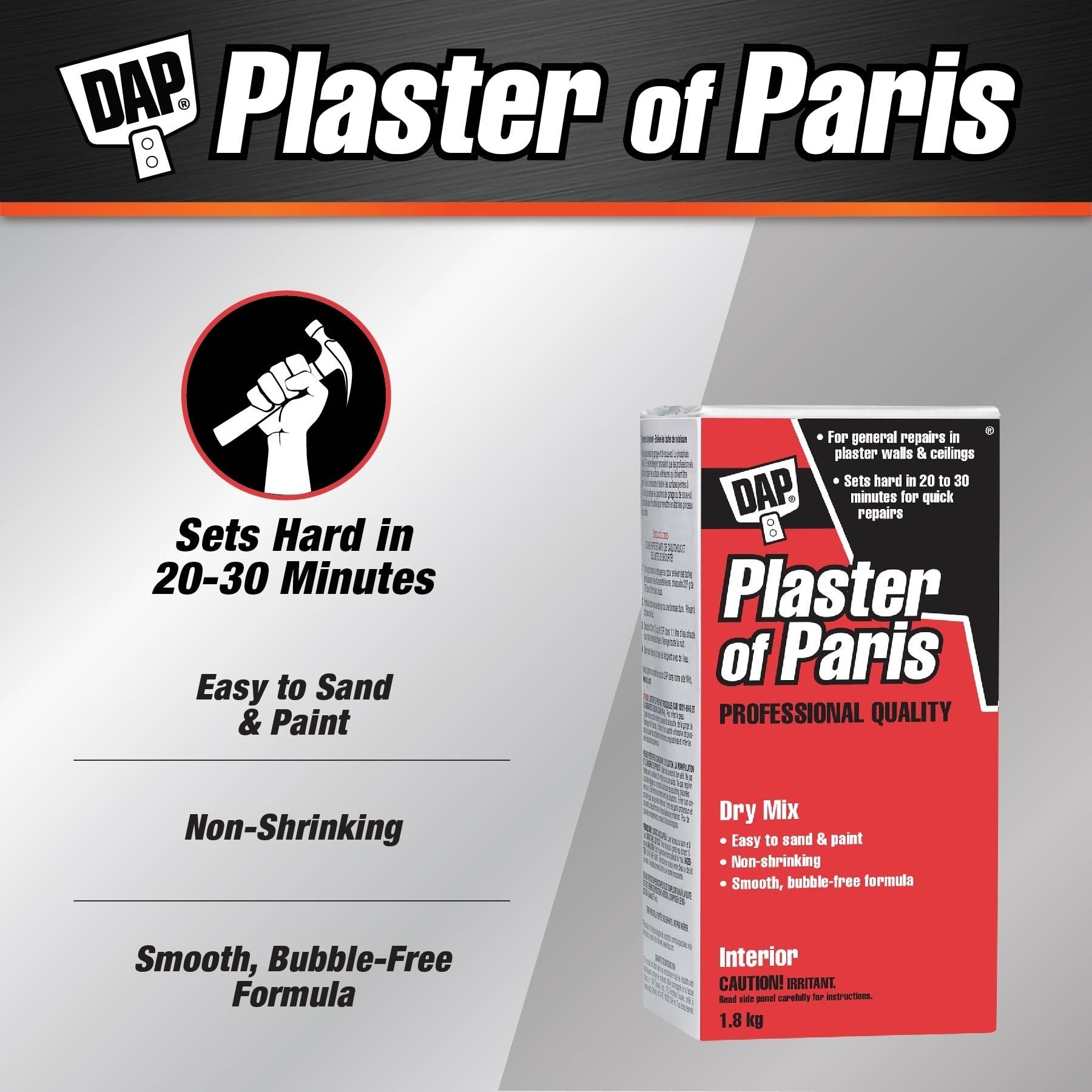DAP Gips von Paris professioneller Trockenmischer für Innenwand- und Deckenreparaturen, 1,8-kg