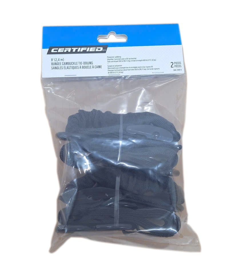 Certified Bungee-Cam-Bulckle-Verbindung, 600-lb Bruchfestigkeit, schwarz, 8-ft, 2-pk