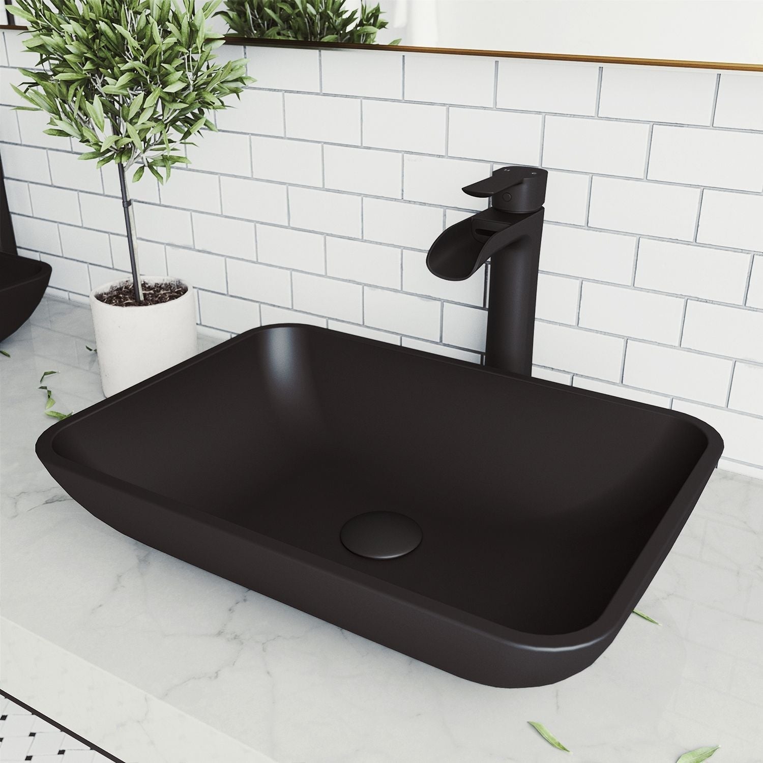 VIGO Sottil matteshell matte black Bad Spüle / Becken mit Niko Wasserhahn und Glas rechteckiges Gefäß