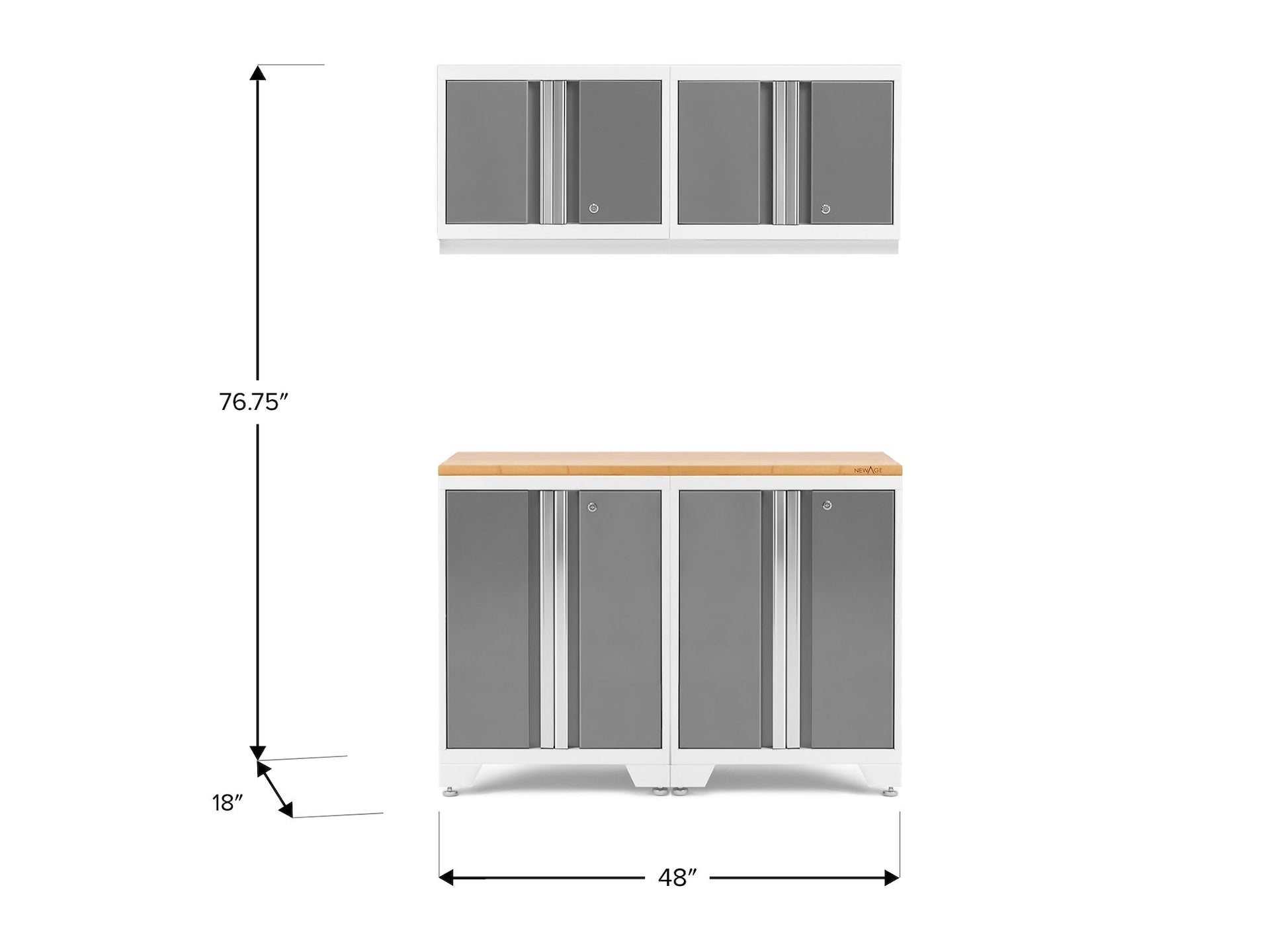 NewAge Fett 3.0-Serie All-in-One-abschließbare Stahlgaragenschrank mit Bambus-Top, weiß / Platin, 48-in x 18-in x 76,75-in, 5-pc