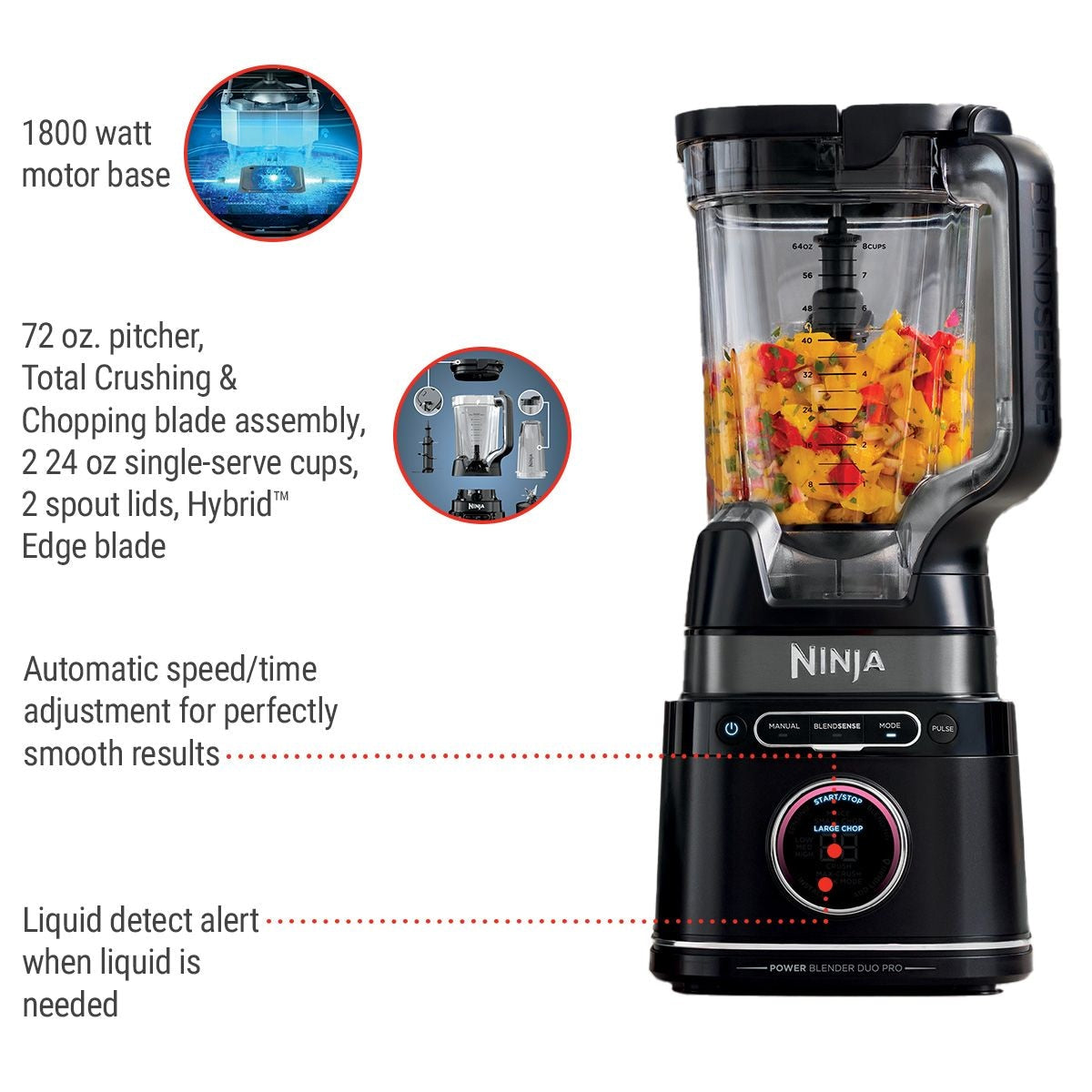 Ninja Blendsense Duo Blender mit 72-oz Full-Size-Pitcher & Pre-Set-Programmen, umfasst zwei 24-oz Single-Serve-Cups, 1800W