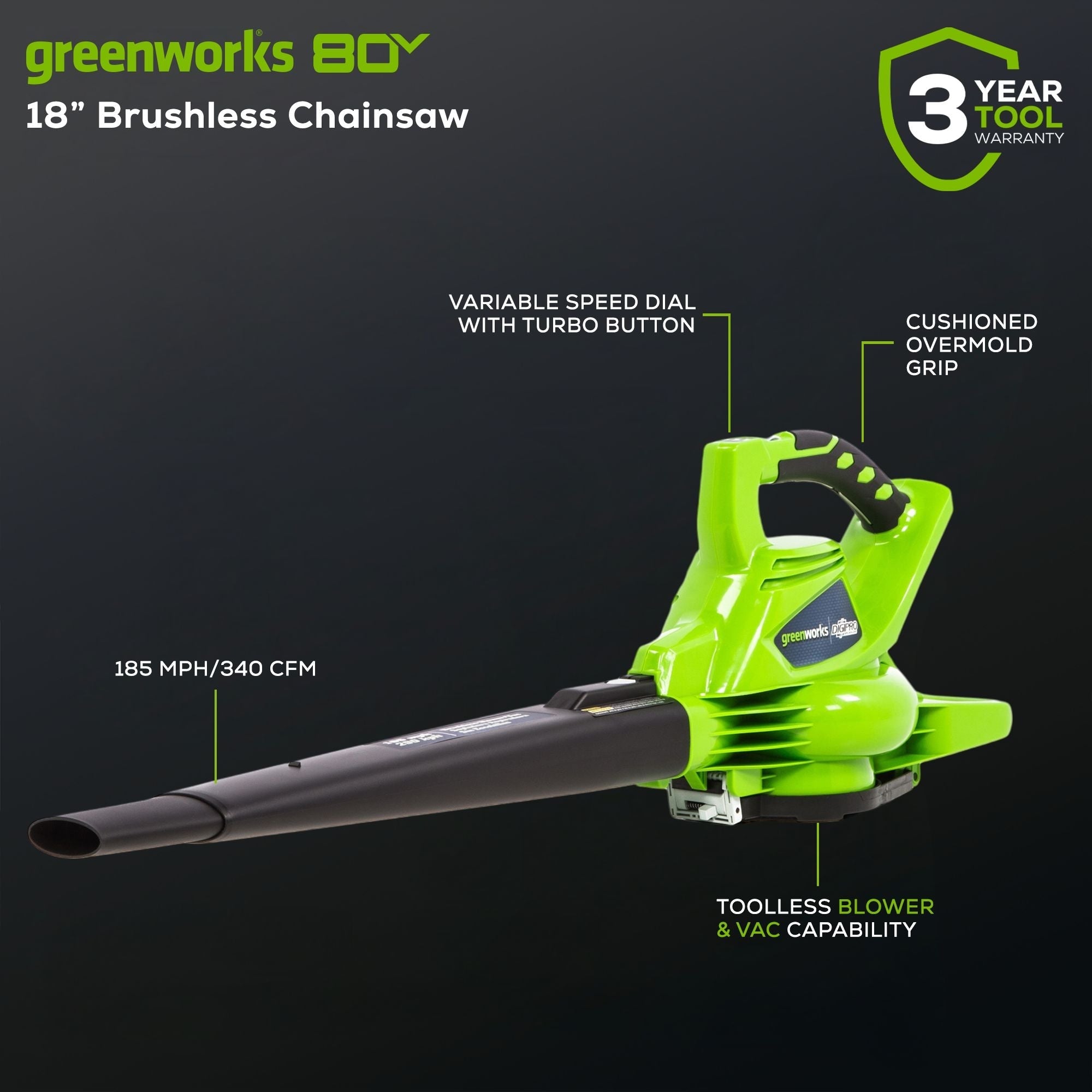 Greenworks digipro 40 v/ 340 CFM schnurloses Blattgebläse/Vakuum, nur nacktes Werkzeug