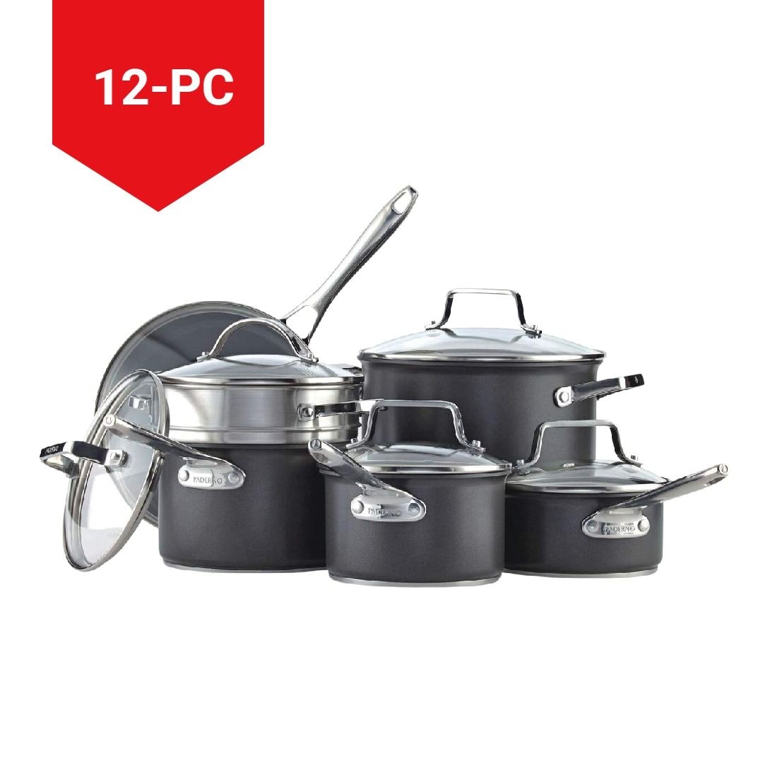 PADERNO hart eloxiertes Kochgeschirr, Antihaftgeschirr, pfoafrei, Geschirrspüler und Ofensicher, 12-pc