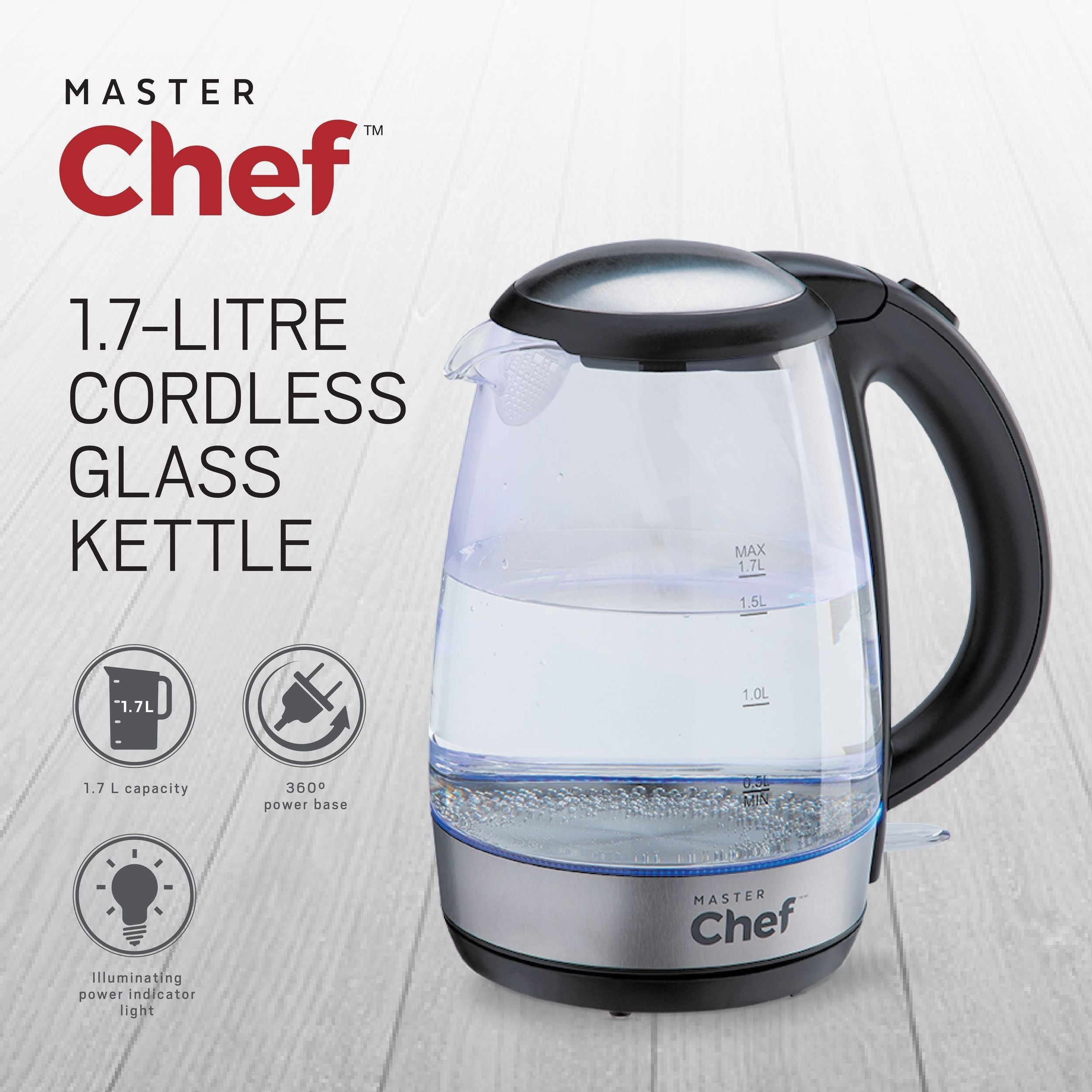 MASTER Chef schnurloser Elektrokessel mit blauem Licht, Glas, 1,7 l