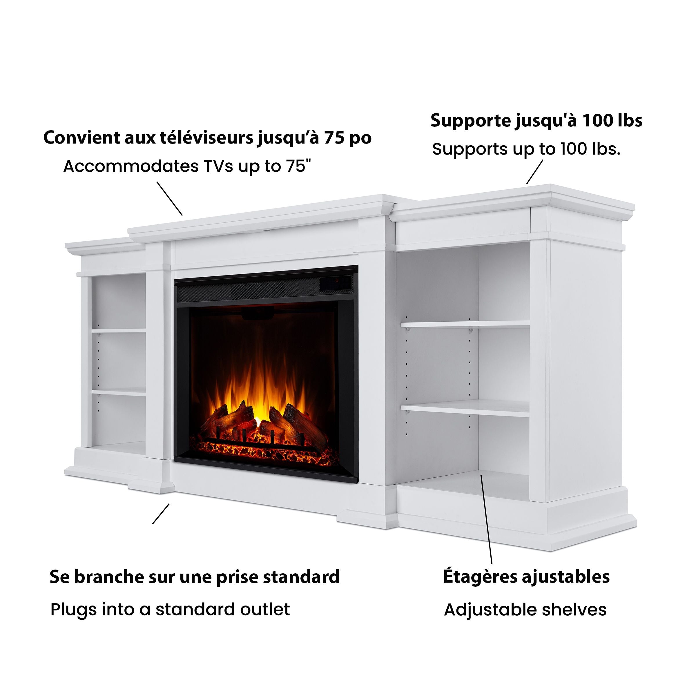 Real Flame eliot grand entertainment vividflame media indoor electric kamin TV stand, 1500W, beinhaltet fernbedienung & firebox, weiß
