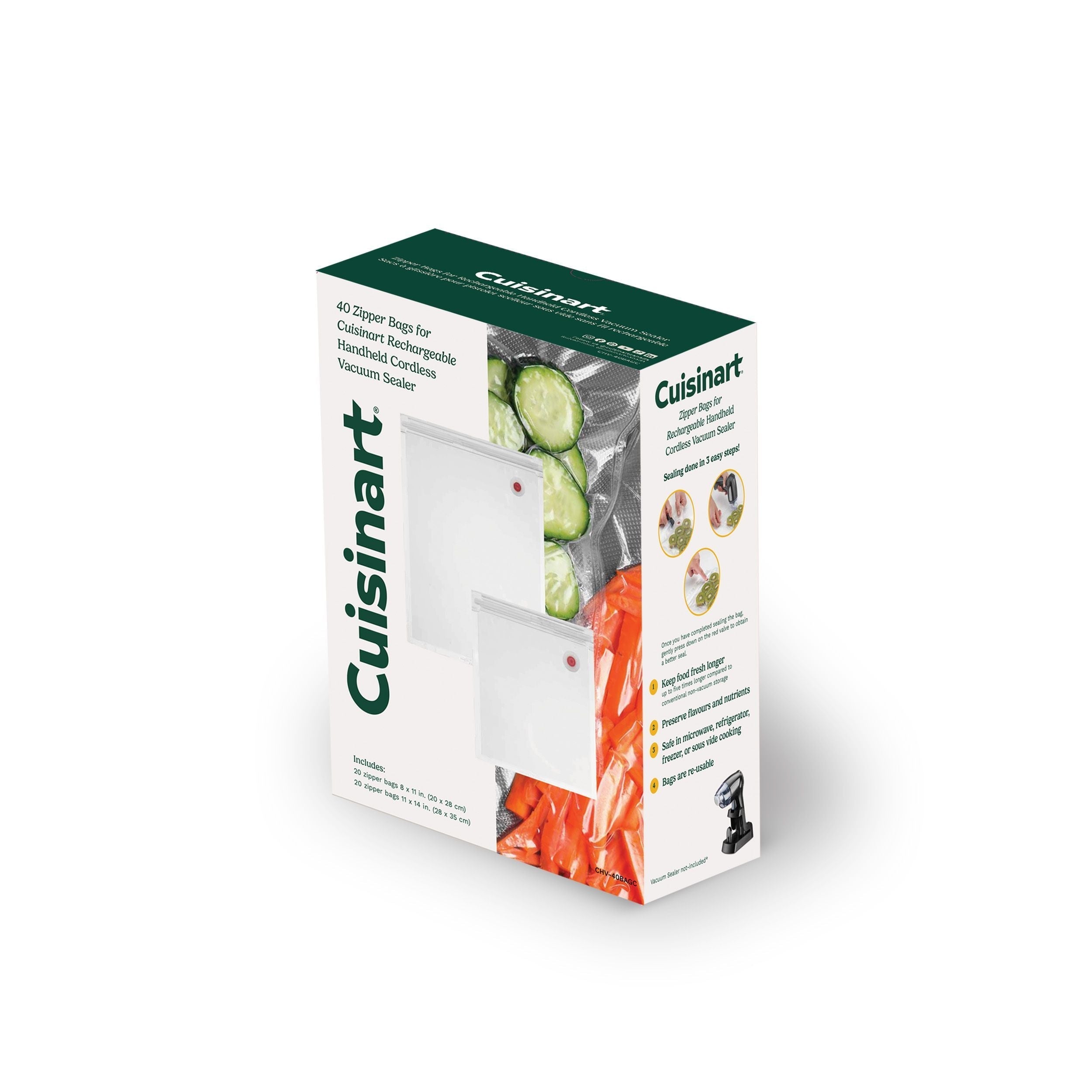 Cuisinart Wiederverwendbare Reißverschluss-Vakuumversiegelung Lebensmittel-Lagerbeutel, 40-pk