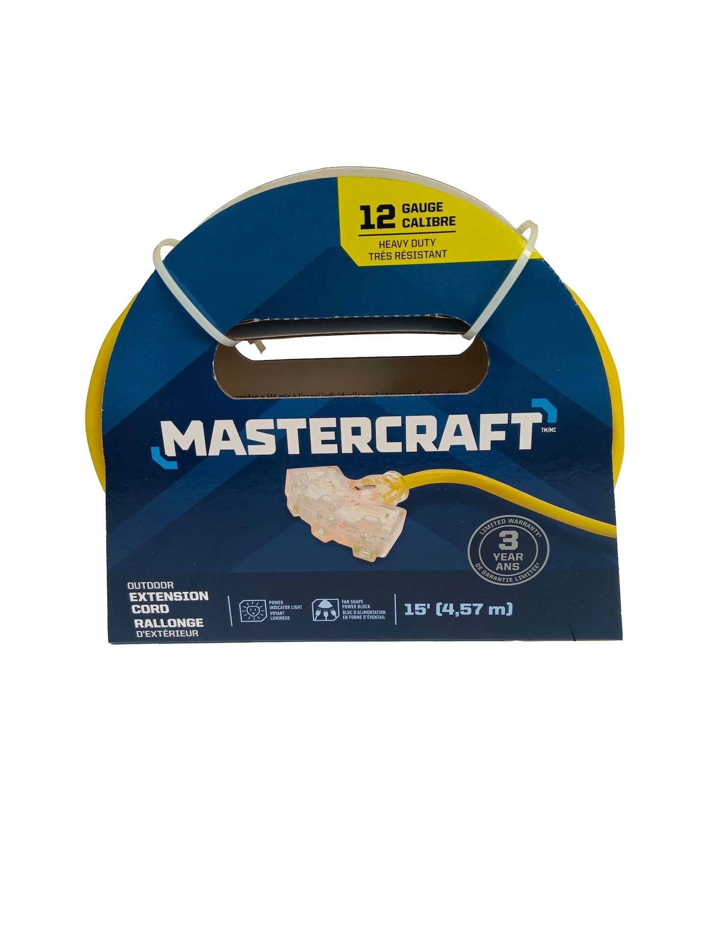 Mastercraft 15-ft 12/3 Außenverlängerungskabel mit 3 geerdeten Steckdosen und beleuchtetem Ende, gelb