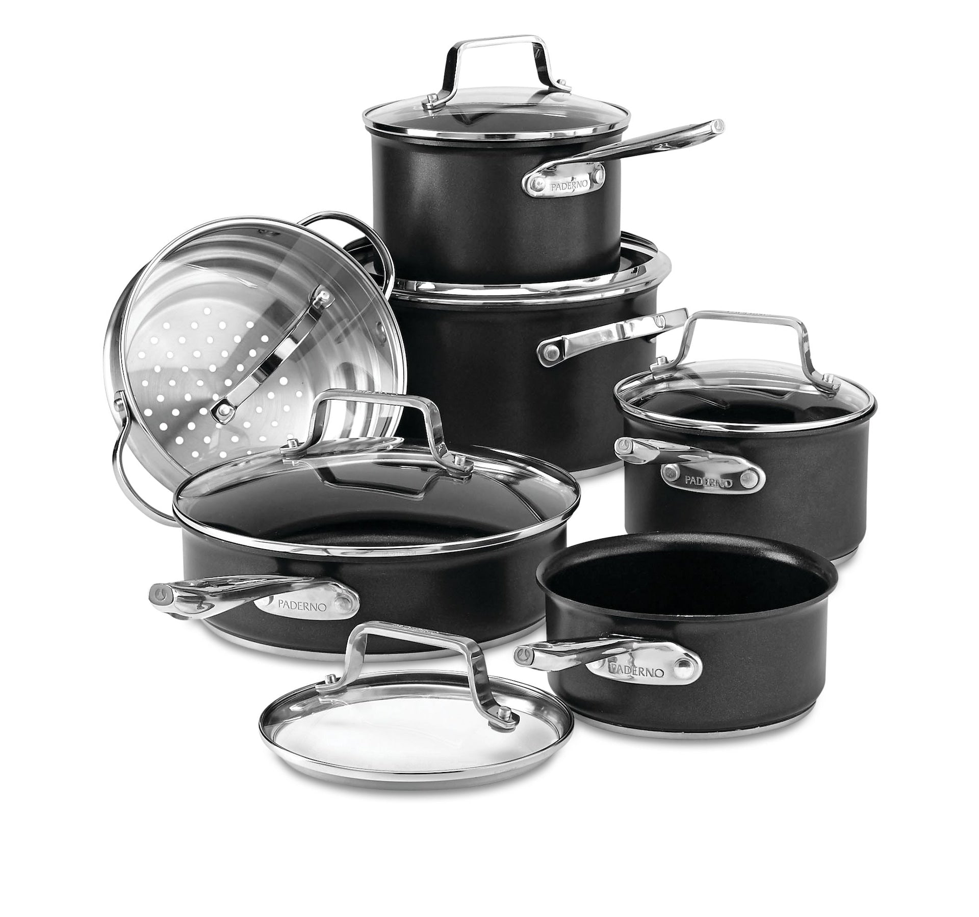 PADERNO hart eloxiertes Kochgeschirr, Antihaftgeschirr, pfoafrei, Geschirrspüler und Ofensicher, 12-pc