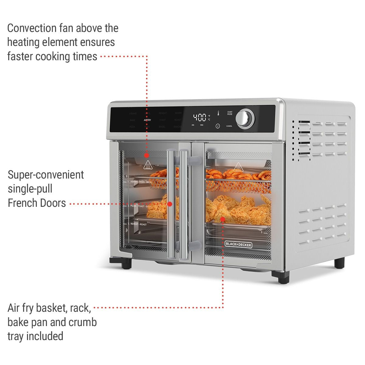 Black & Decker 12-in-1 Französisch Tür digitale Arbeitsplatte Konvektion Ofen mit Luft braten, 6-Scheiben