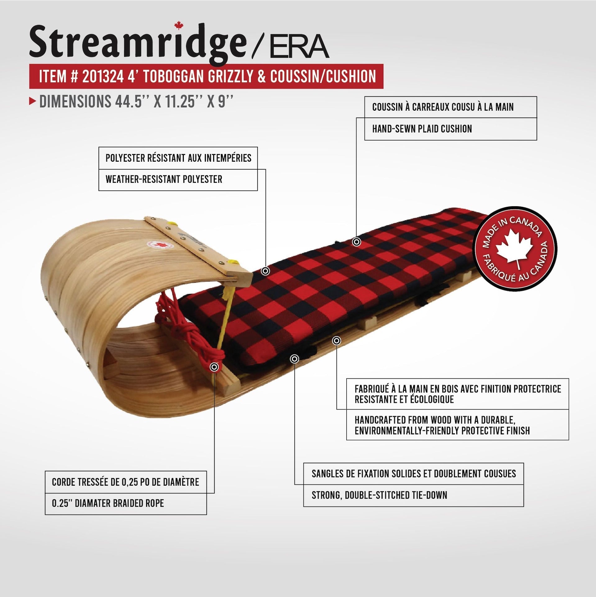 Streamridge Grizzly Kinder traditionelle Vintage-Holz-Winter Rodel & Sitzpolster, 4-ft