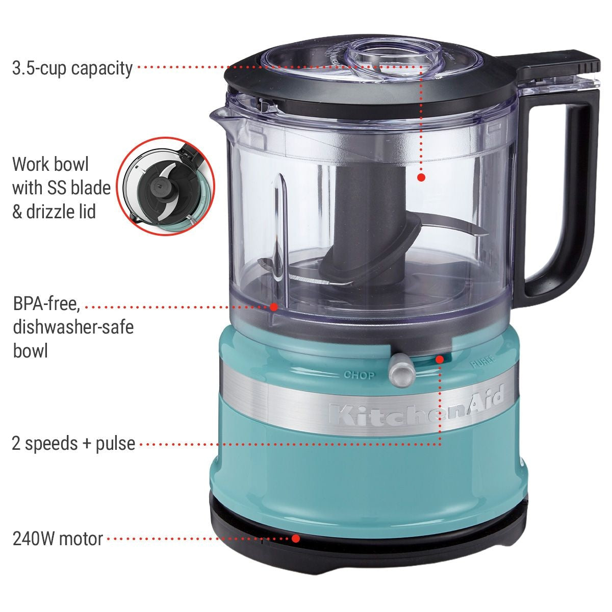 KitchenAid Kompakt 3,5 Tasse Lebensmittel Chopper / Mini Küchenmaschine mit Geschirrspüler sichere Teile, aqua Sky
