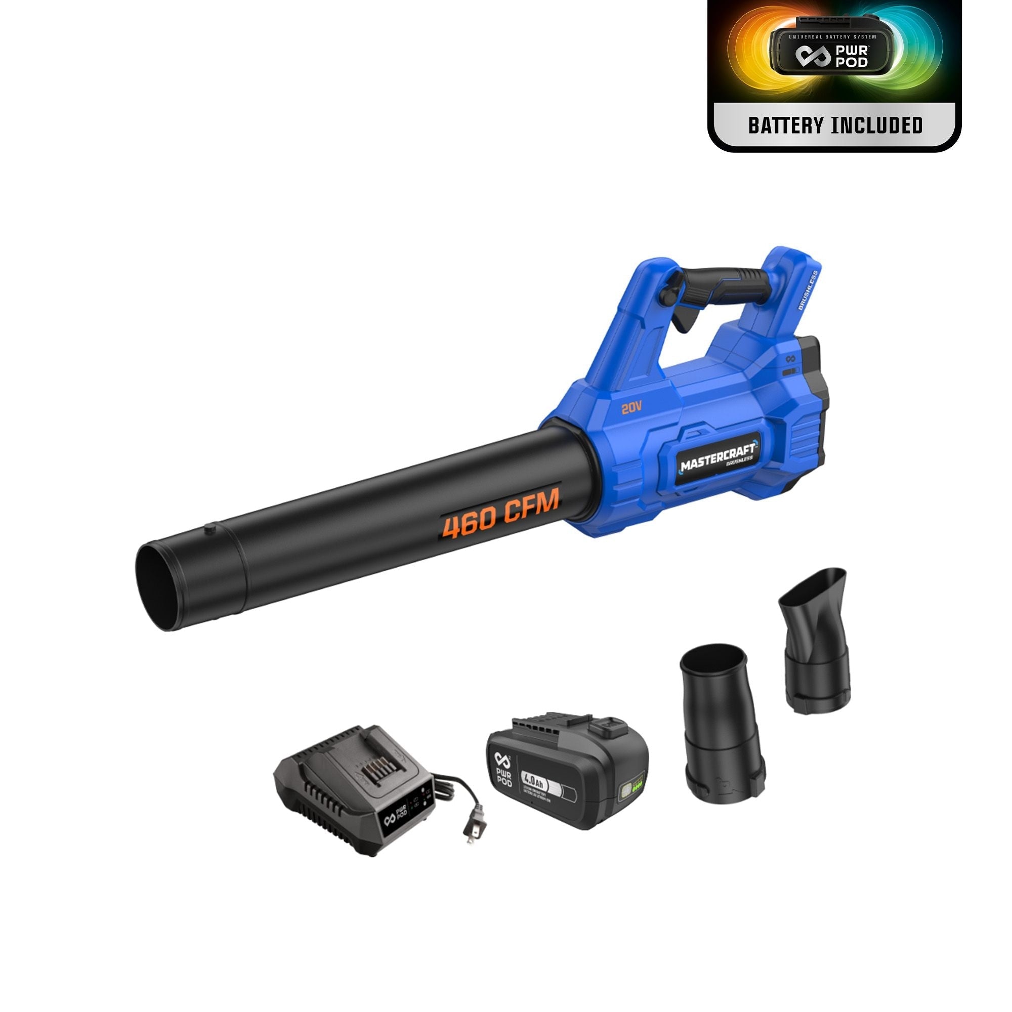 Mastercraft 20V Schnurlos 460 CFM bürstenloser Blattbläsersatz mit PWRPOD 4 Ah Batterie und Ladegerät