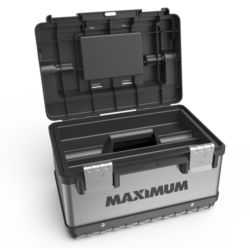 MAXIMUM tragbarer Kunststoff- & Metallwerkzeugkasten mit abnehmbarem Tablett & Organizer, schwarz, 15-in