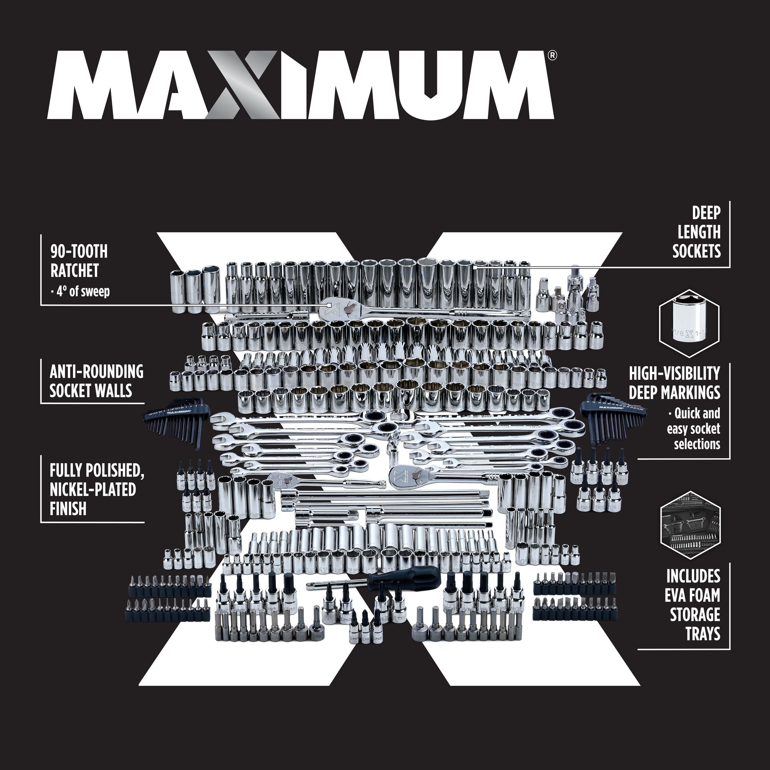 MAXIMUM Professionelles Steckdosenset, 346-pc, CRV, Nickel-Chrom-plattierung