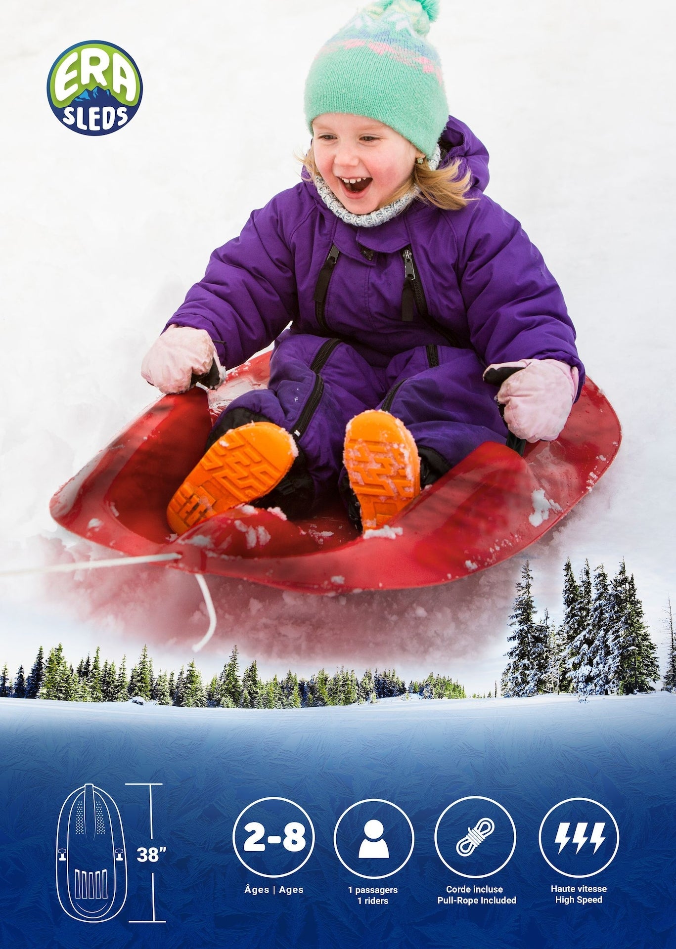 Mega Blitz Kinder 1 Person Plastik Winter Schneeschlitten / Rodel mit Bremsen & Abschleppseil