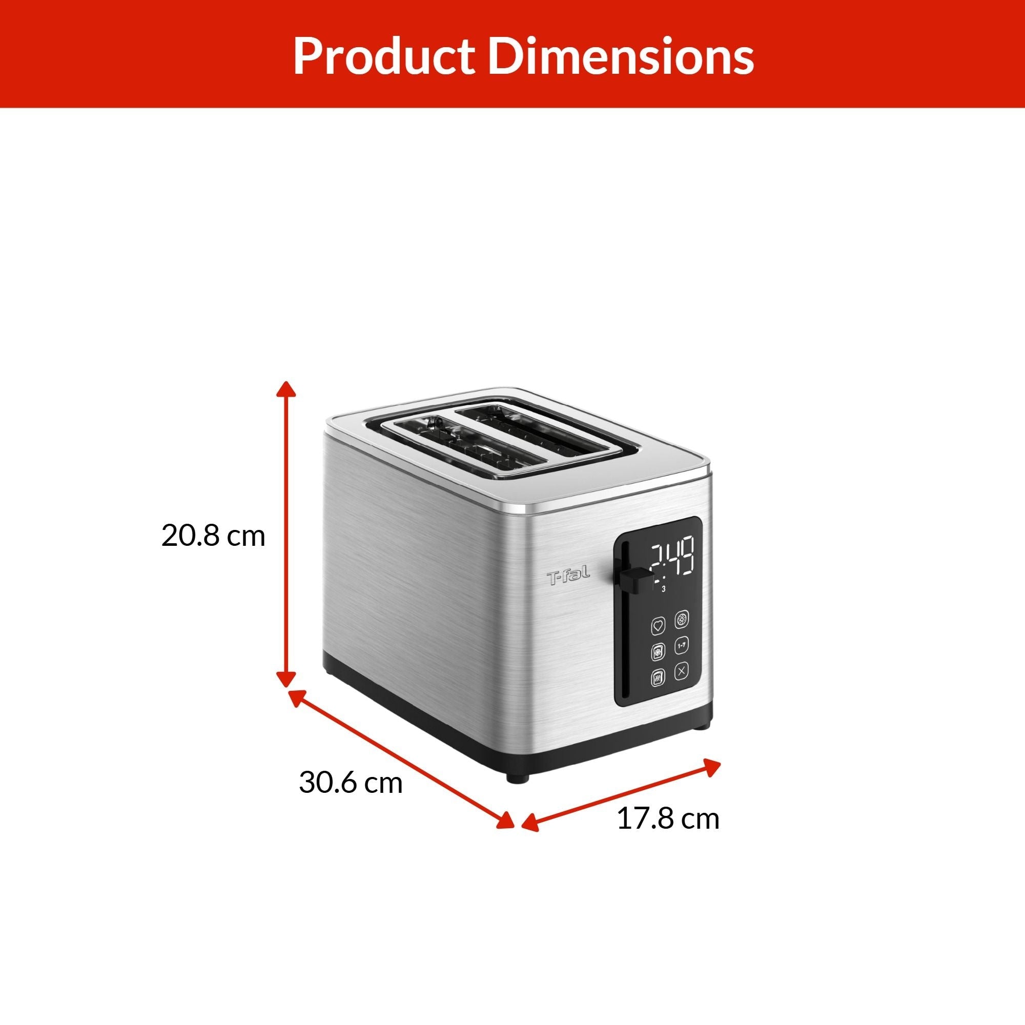 T-fal 2-Scheiben-Digital-Toaster aus Edelstahl, extra breite Schlitze, 7 Bräunungsstufen