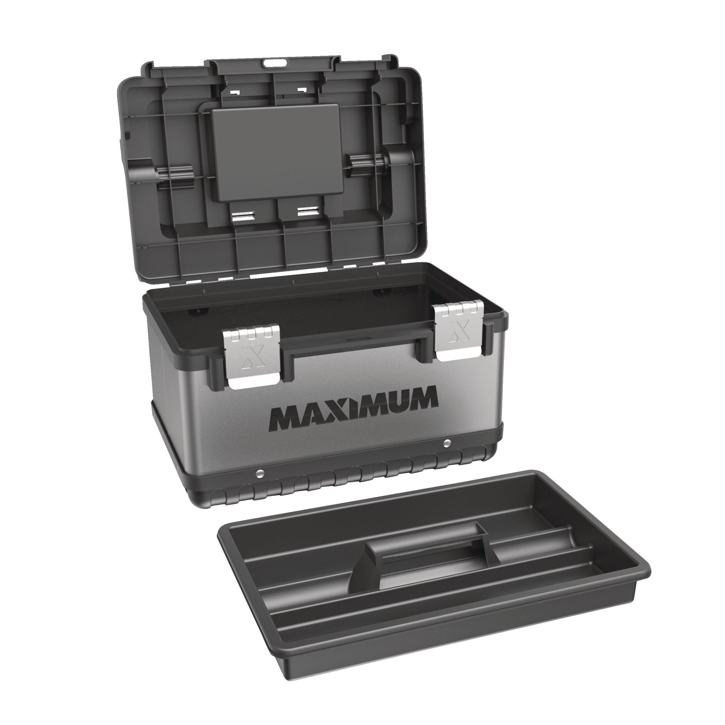 MAXIMUM tragbarer Kunststoff- & Metallwerkzeugkasten mit abnehmbarem Tablett & Organizer, schwarz, 15-in