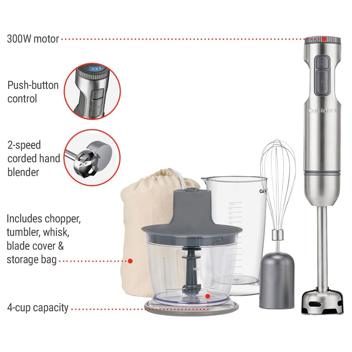 Cuisinart Smartstick 2-Speed-Handmixer mit Chopper & Whiskey-Befestigungen, aus rostfreiem Stahl