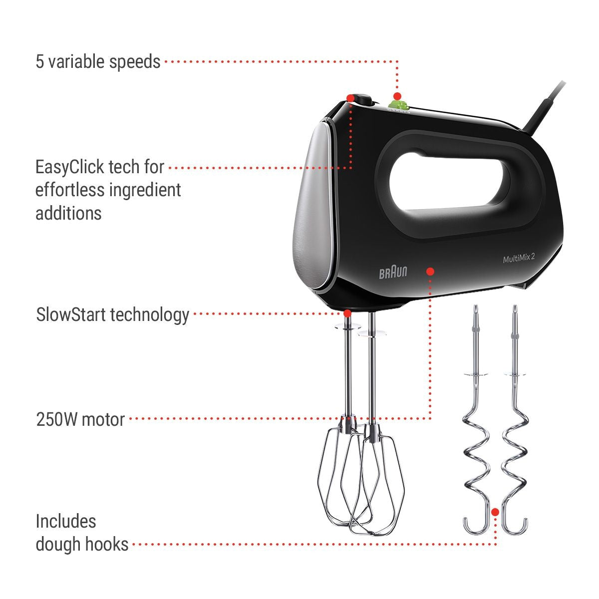 Braun Multimix 2 5-Gang-Handmixer, inklusive Multiwhisk Beater, 250W, schwarz