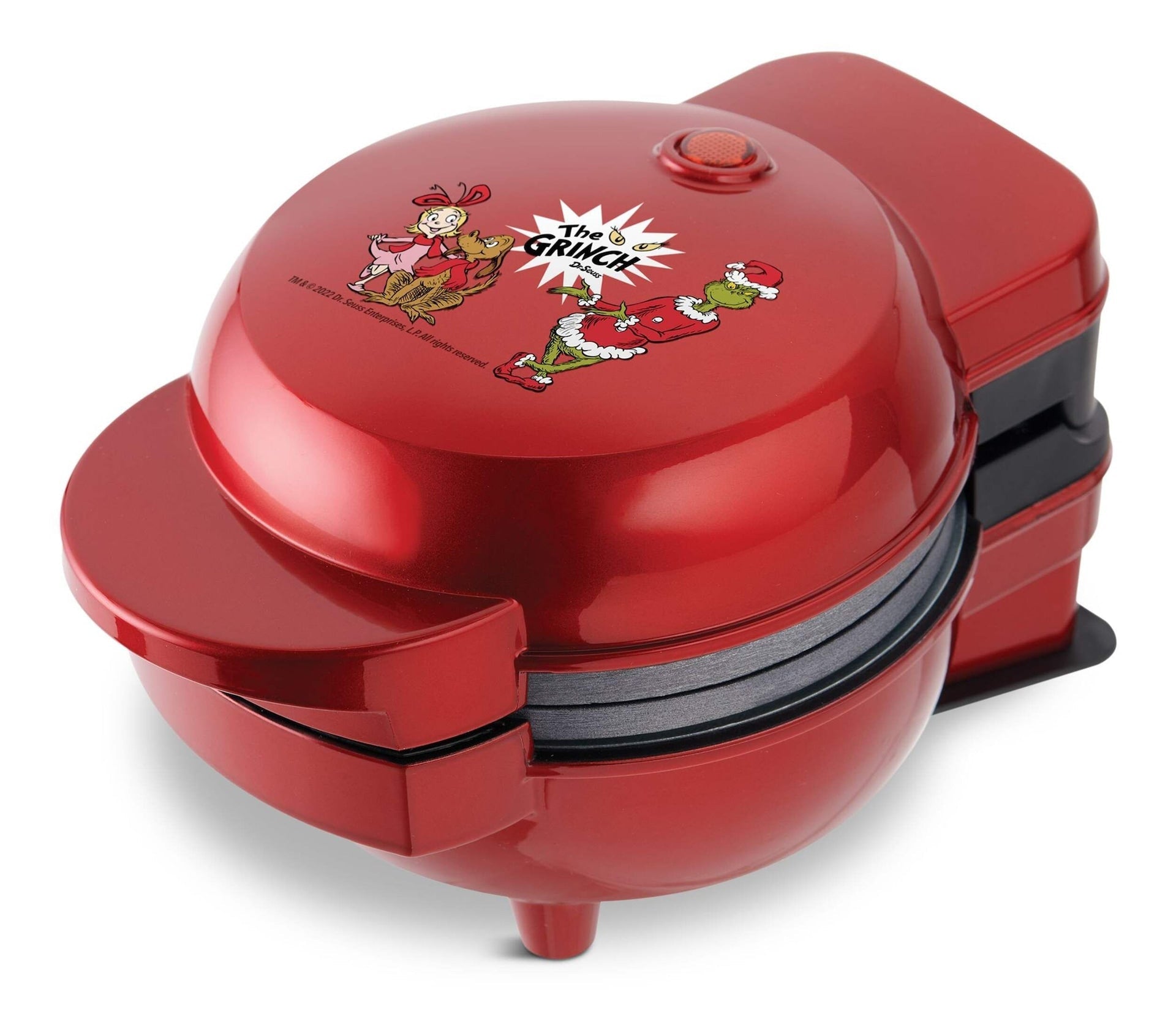 Grinch Antihaft-Mini-Waffelmaschine und Gridle, 6 auswechselbare Platten, Antihaft, rot