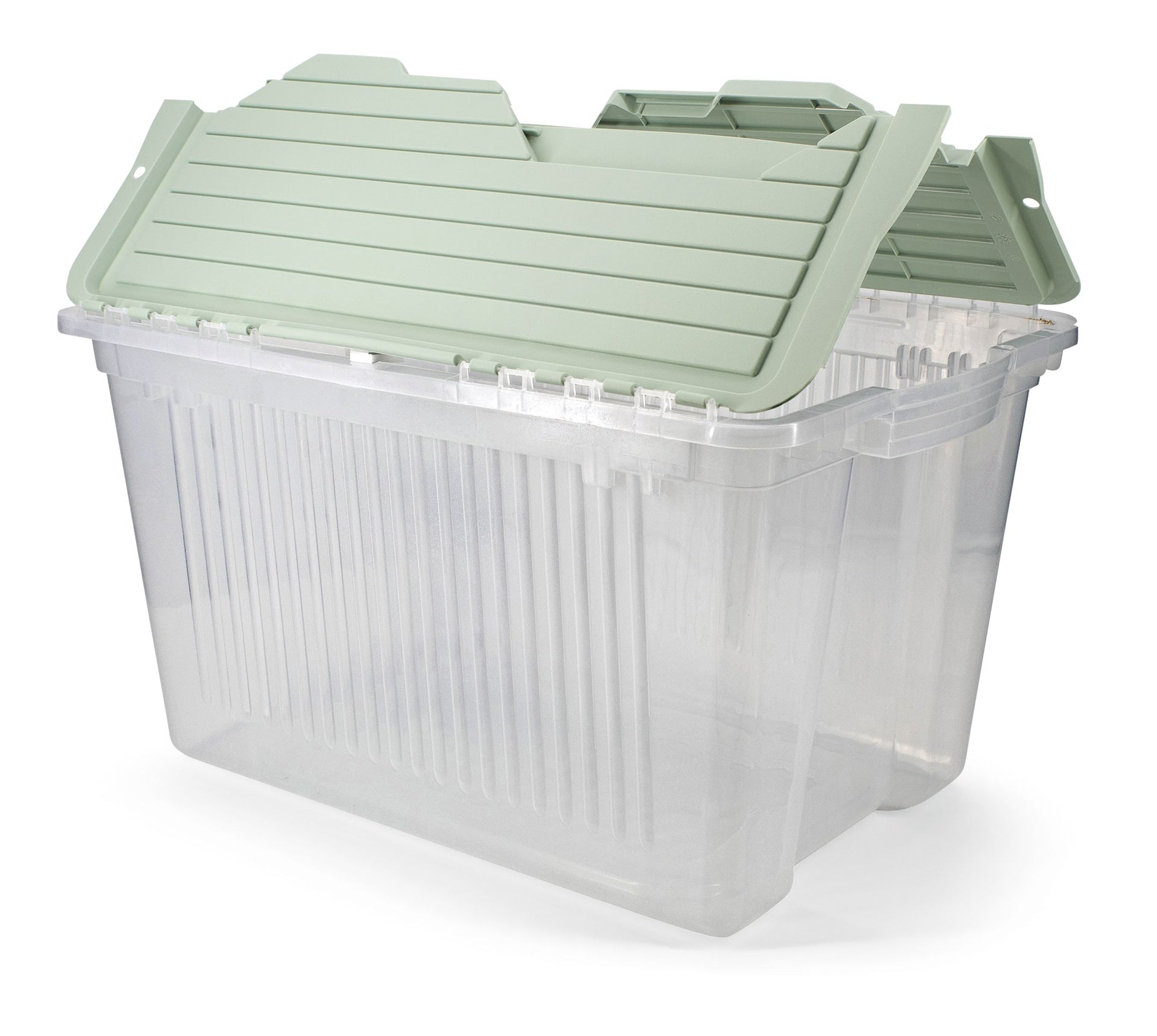 type A transparenter stapelbarer Aufbewahrungskasten mit Klappdeckel, 45 l, Eukalyptus
