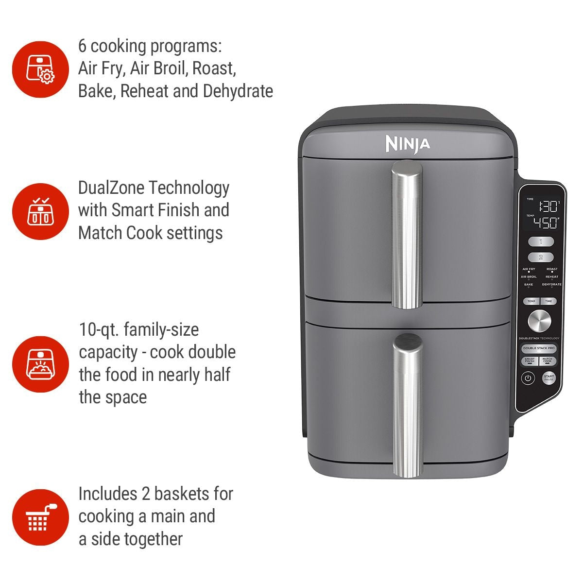 Ninja Doublestack XL Multi-Rack-Luftfritteuse mit 2 Körben & 6 Funktionen, 10-qt