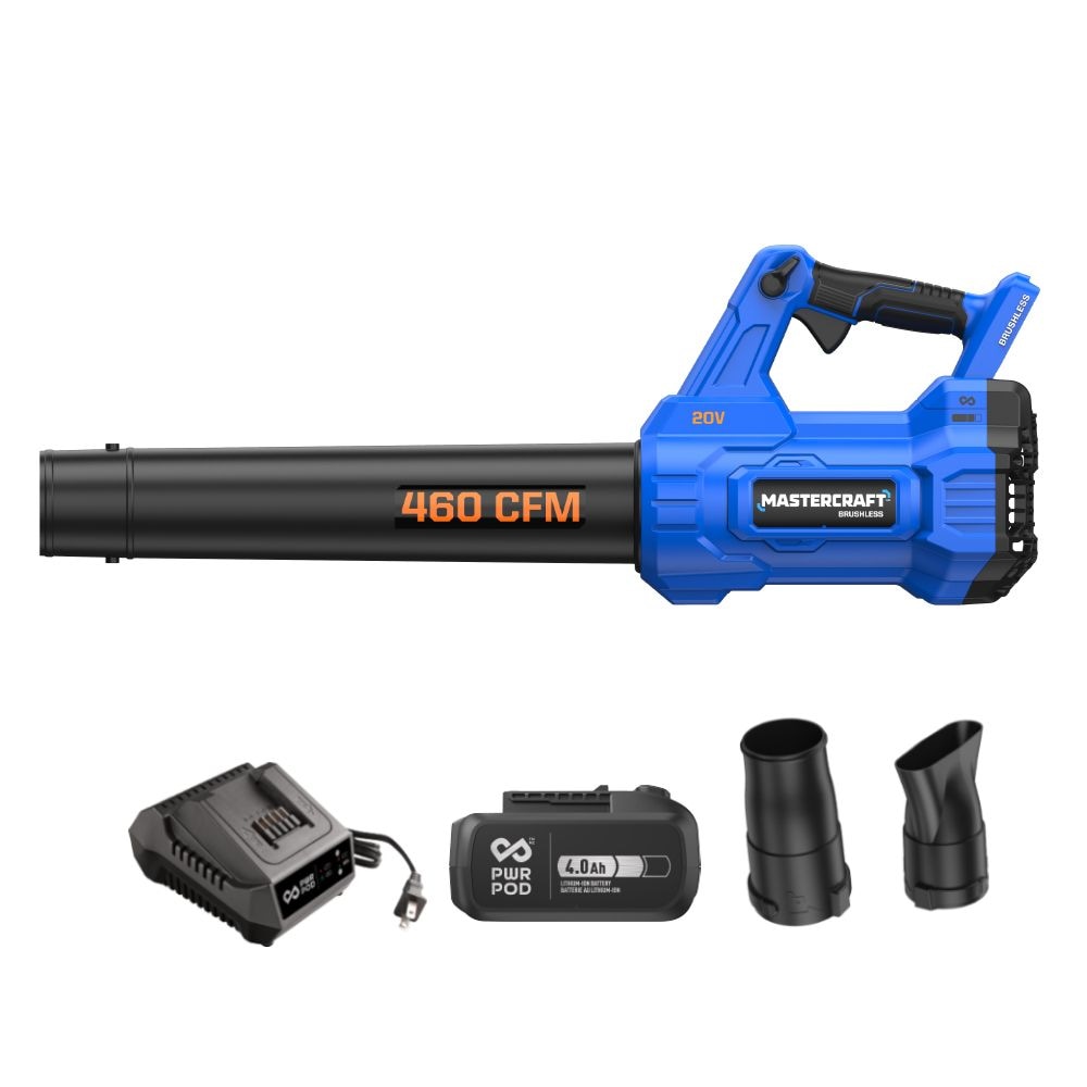 Mastercraft 20V Schnurlos 460 CFM bürstenloser Blattbläsersatz mit PWRPOD 4 Ah Batterie und Ladegerät