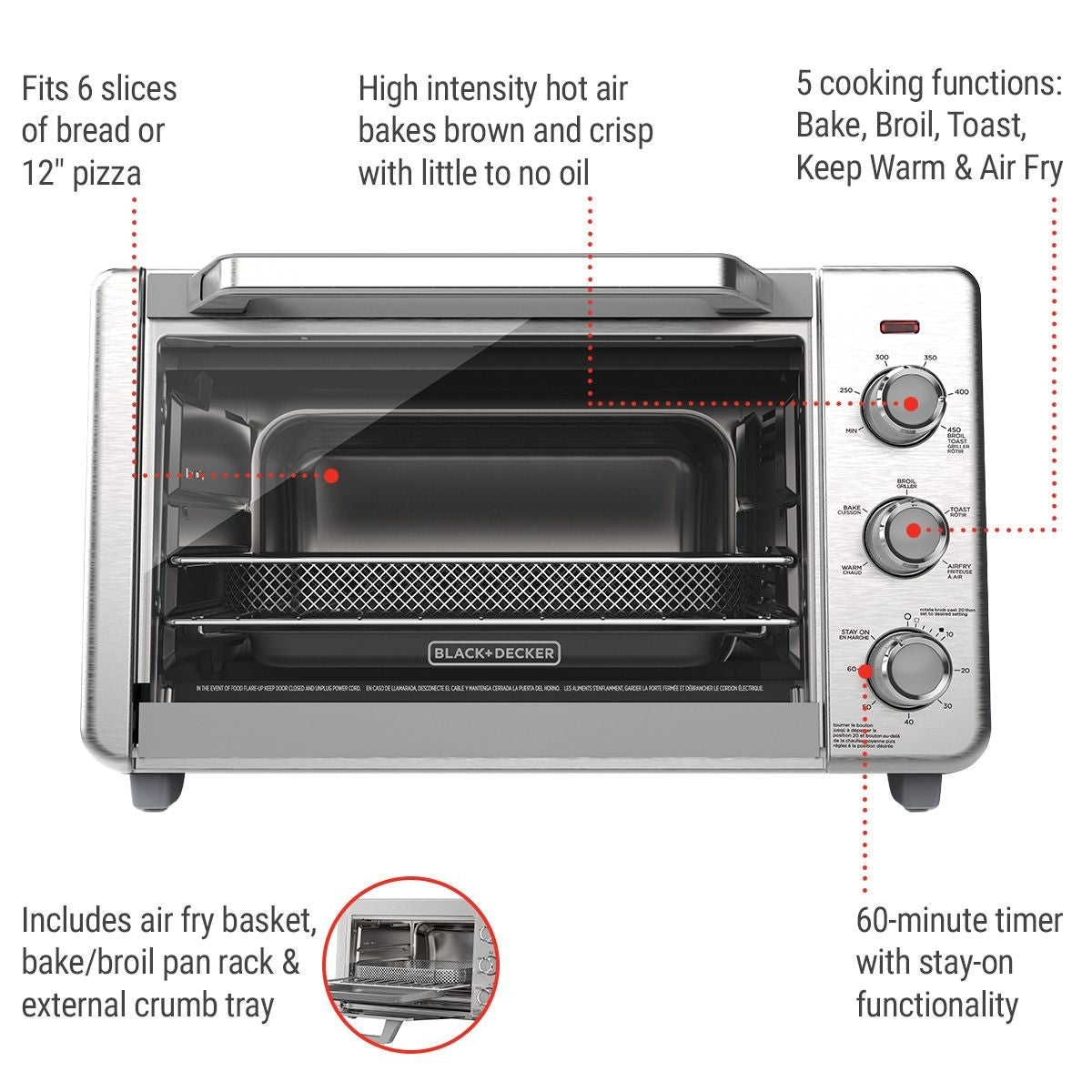 Black & Decker knusprige 'n backen 6-Scheiben Luft Fritteuse Toasterofen, Edelstahl, 5 Kochfunktionen