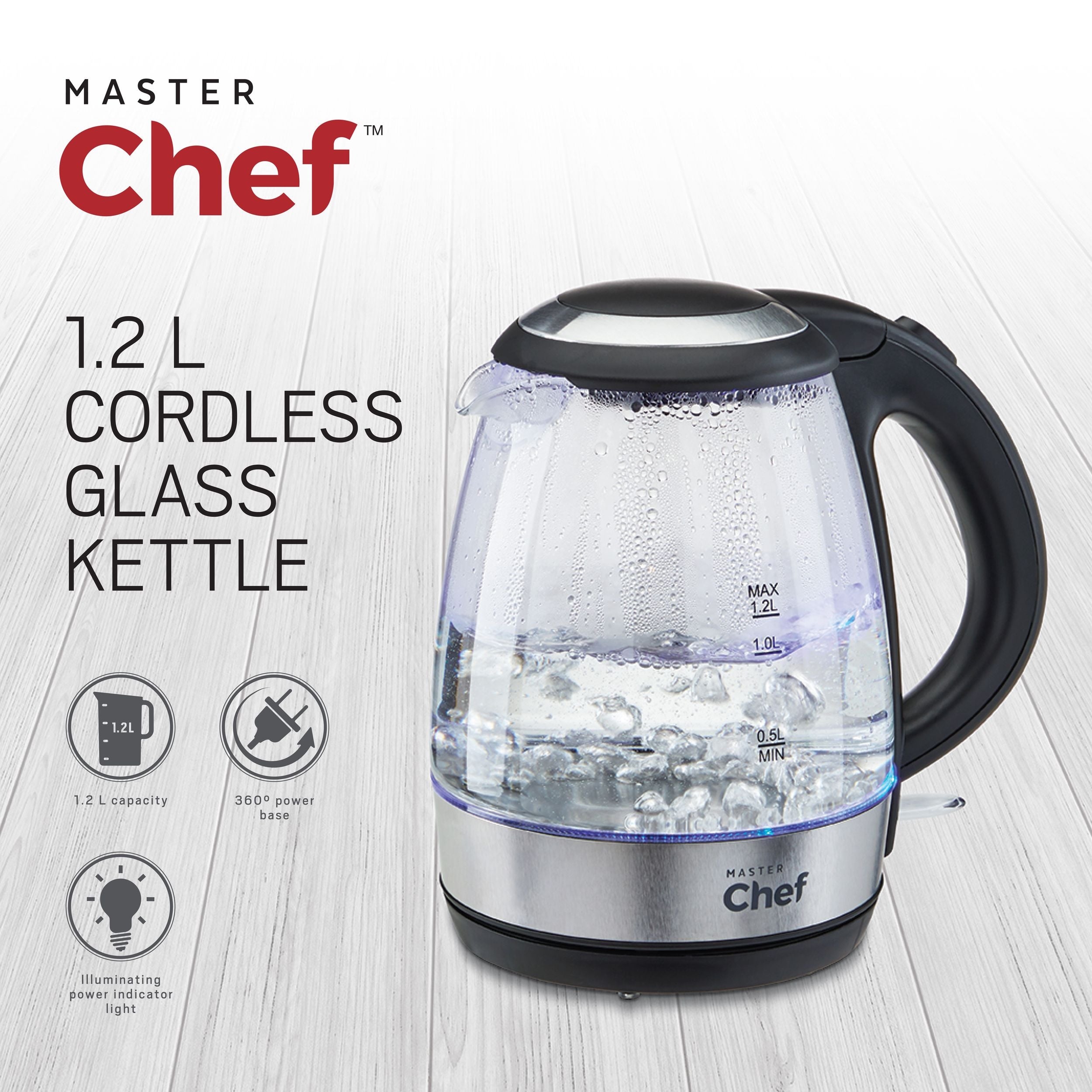 MASTER Chef Schnurloser Elektrokessel mit Autoabschaltung & blaues Licht, Glas, 1.2L