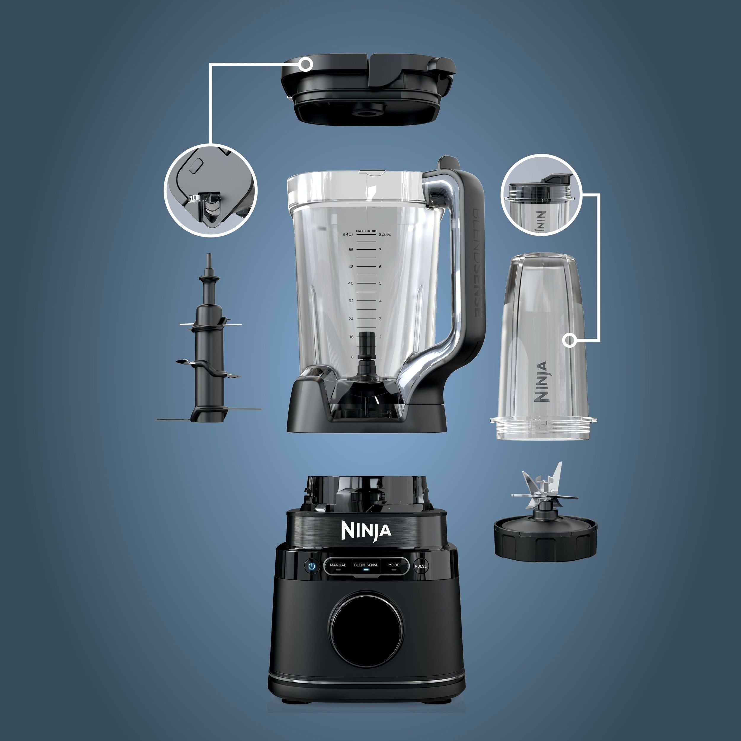 Ninja Blendsense Duo Blender mit 72-oz Full-Size-Pitcher & Pre-Set-Programmen, umfasst zwei 24-oz Single-Serve-Cups, 1800W