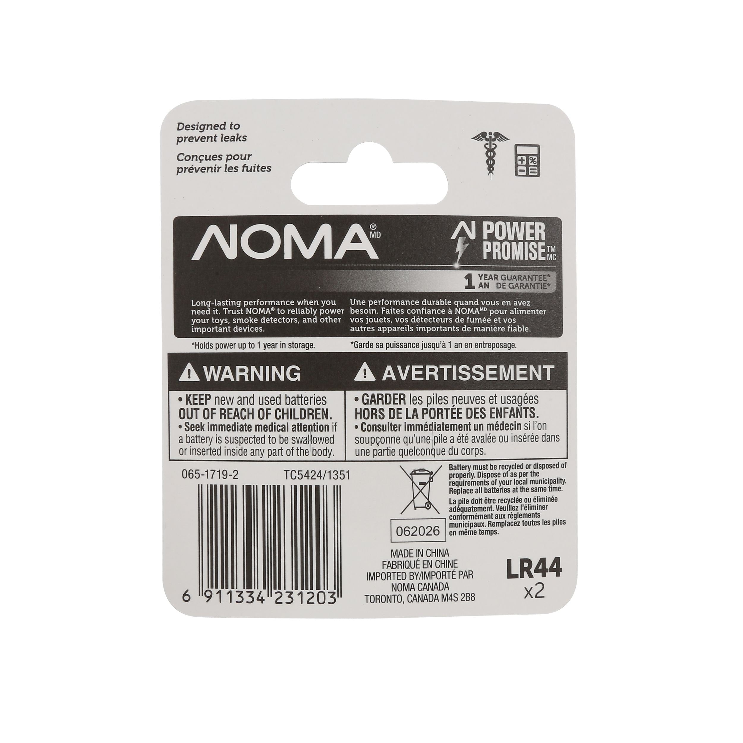 NOMA 357 LR44 AG13 303 A76 1,5v / 1,5 Volt alkalische Knopfzellenbatterien, 2-pk